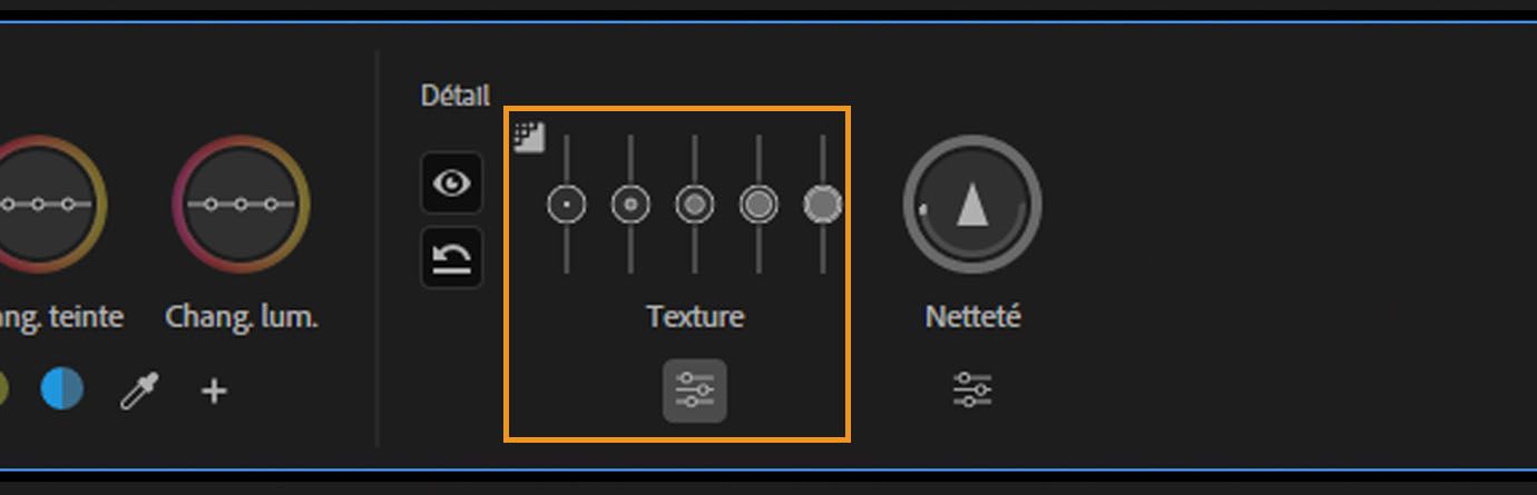 Contrôle de texture développé pour afficher plusieurs curseurs permettant d'ajuster les détails de l'image.