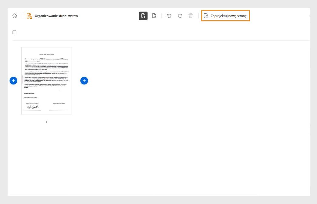 Narzędzie Wstaw programu Acrobat w sieci pokazuje wybrany dokument i podświetloną opcję „Zaprojektuj nową stronę”.