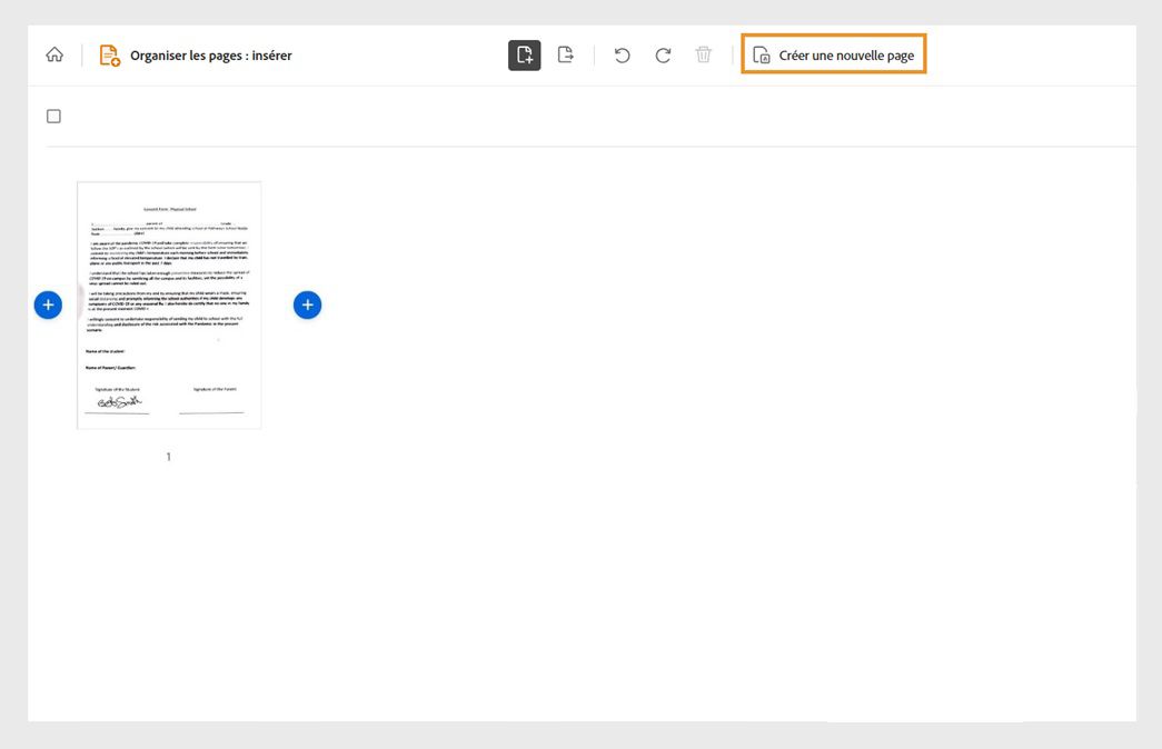 L’outil d’insertion d’Acrobat sur le web affiche un document sélectionné et l’option « Créer une nouvelle page » est mise en surbrillance.