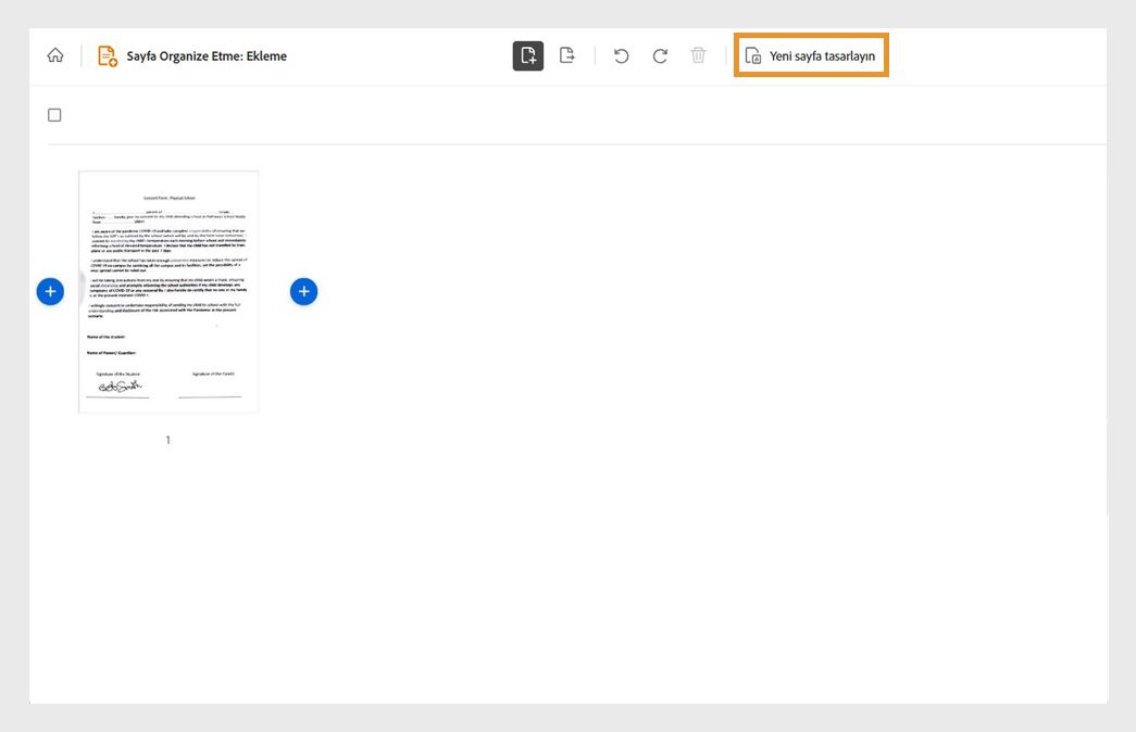 Acrobat web'deki Ekle aracı, seçili bir belgeyi gösteriyor ve 'Yeni sayfa oluştur' seçeneği vurgulanıyor.