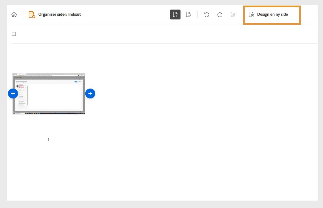 Værktøjet Indsæt i Acrobat på internettet viser et valgt dokument, og indstillingen &quot;Design en ny side&quot; er fremhævet.