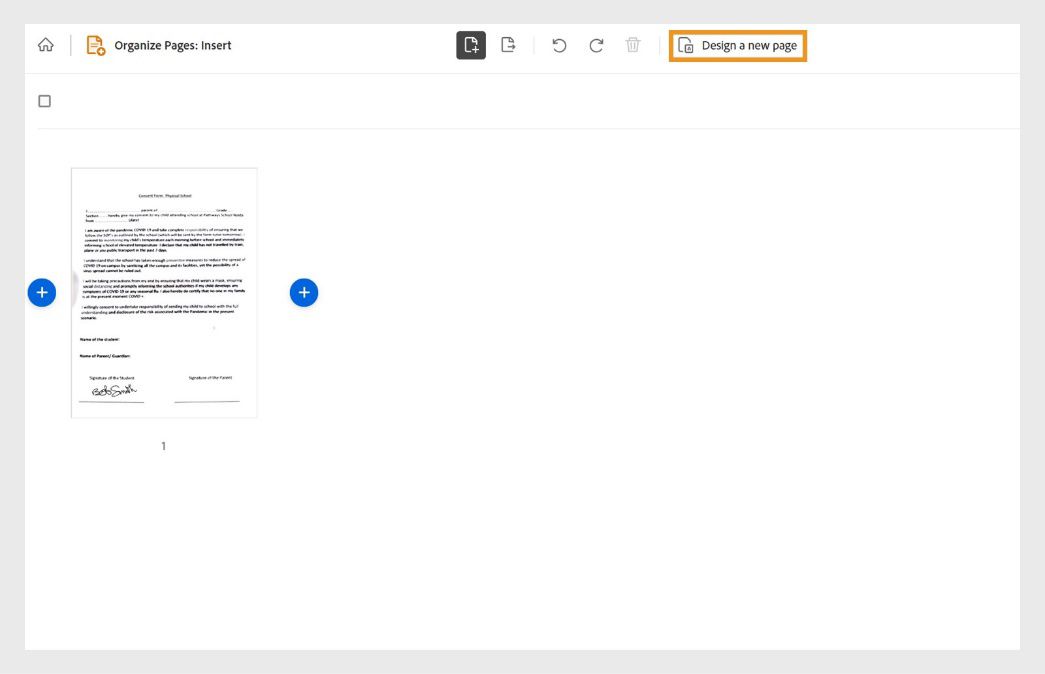 Ipinakikita ng Insert tool ng Acrobat on the web ang isang napiling dokumento at naka-highlight ang 'Design a new page' option.