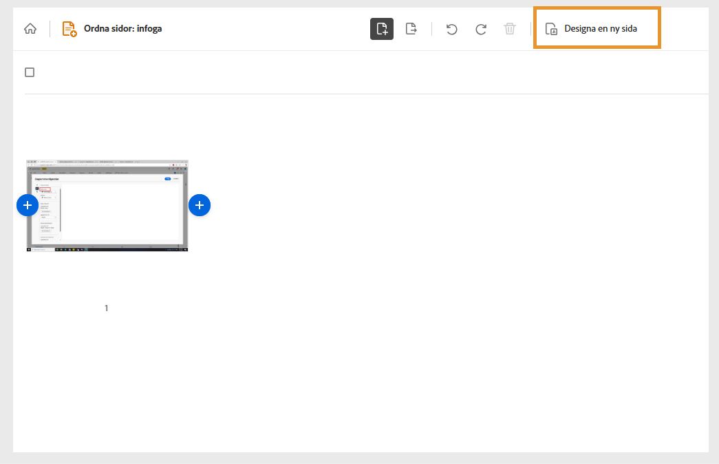 Verktyget Infoga i Acrobat på webben visar ett markerat dokument och alternativet ”Skapa en ny sida” är markerat.