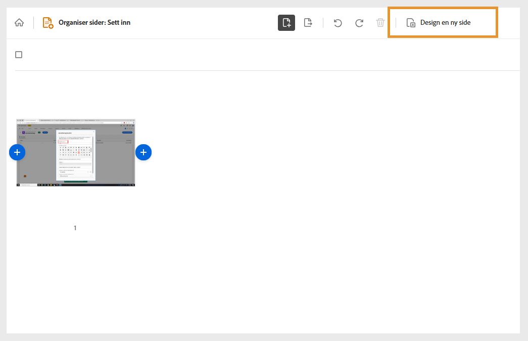 Innsettingsverktøyene i Acrobat på nett vises et valgt dokument, og alternativet «Utform en ny side» er uthevet.