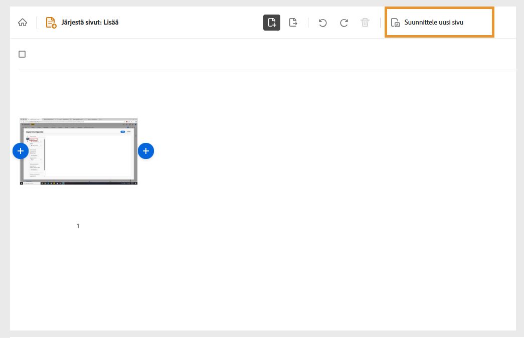 Acrobatin verkkoversion liittämistyökalussa näkyy valittu asiakirja, ja Suunnittele uusi sivu -vaihtoehto on korostettuna.