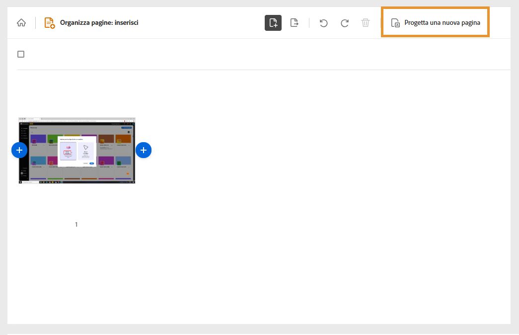 Strumento Inserisci di Acrobat sul web, con un documento selezionato e l’opzione “Progetta una nuova pagina” evidenziata.