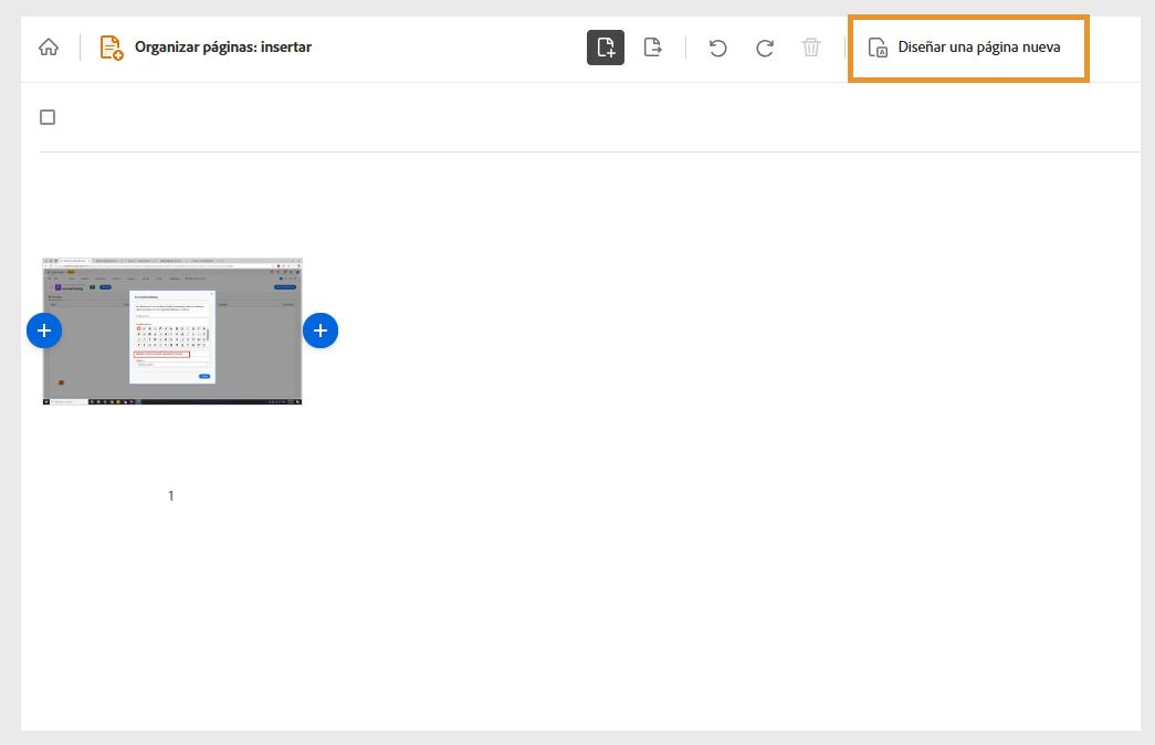 La herramienta Insertar de Acrobat en la web muestra un documento seleccionado y la opción “Diseñar una página nueva” aparece resaltada.