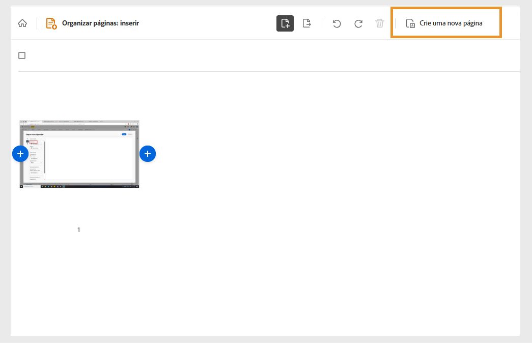 A ferramenta Inserir do Acrobat na web mostra um documento selecionado e a opção “Criar uma nova página” destacada.