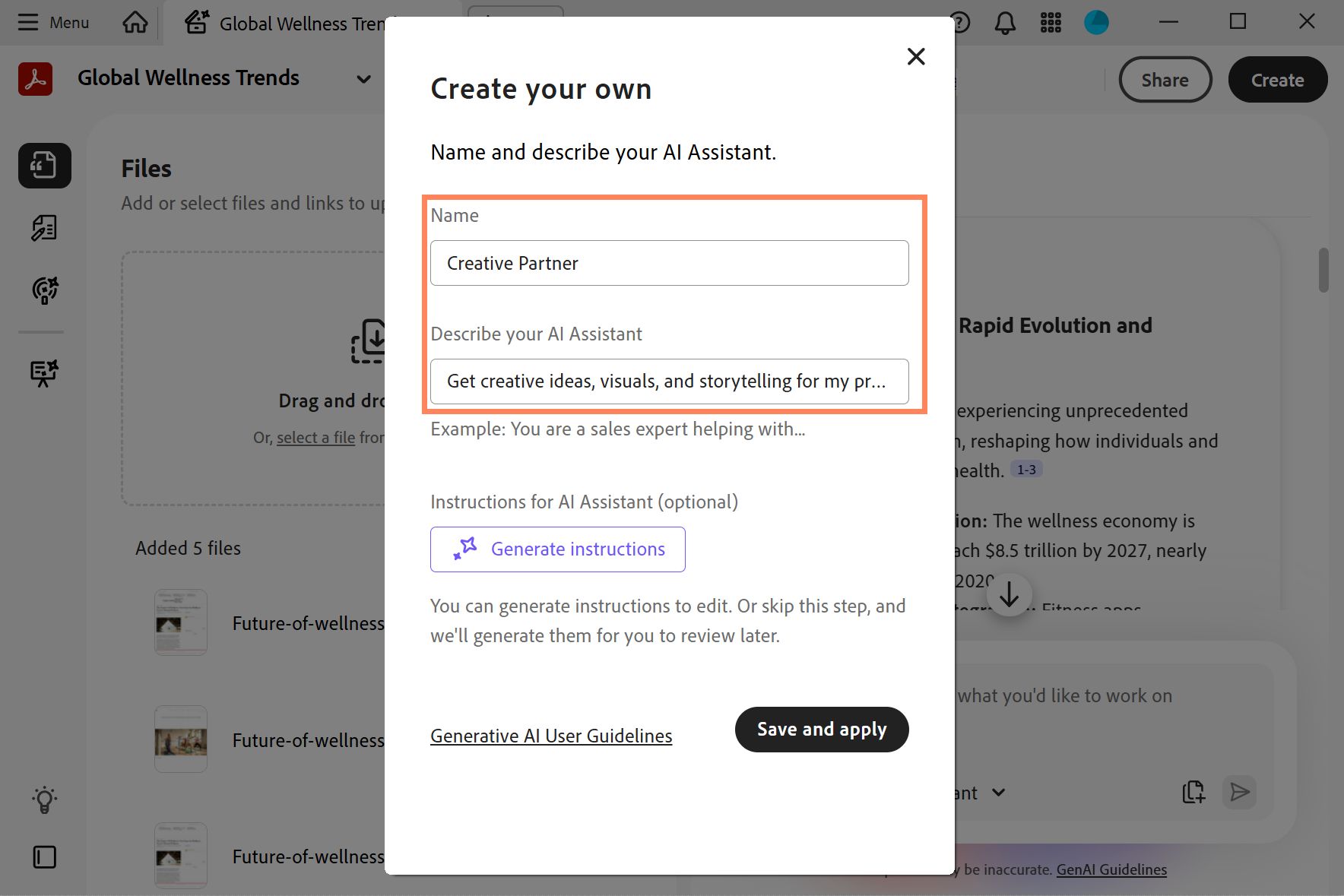 Dialog box ng PDF Spaces para sa paggawa ng custom assistant na may mga field para sa pagtatakda ng pangalan, pagtukoy ng layunin, at mga tagubilin.