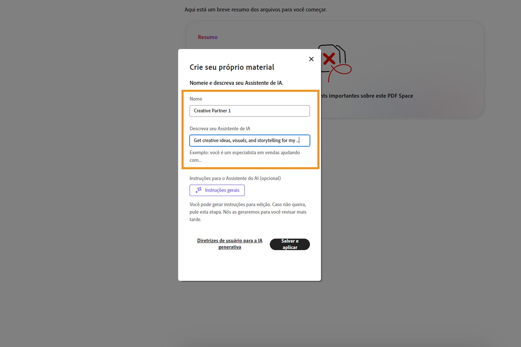 Caixa de diálogo do PDF Spaces para criar um assistente personalizado com campos para atribuir nome, definir meta e instruções.