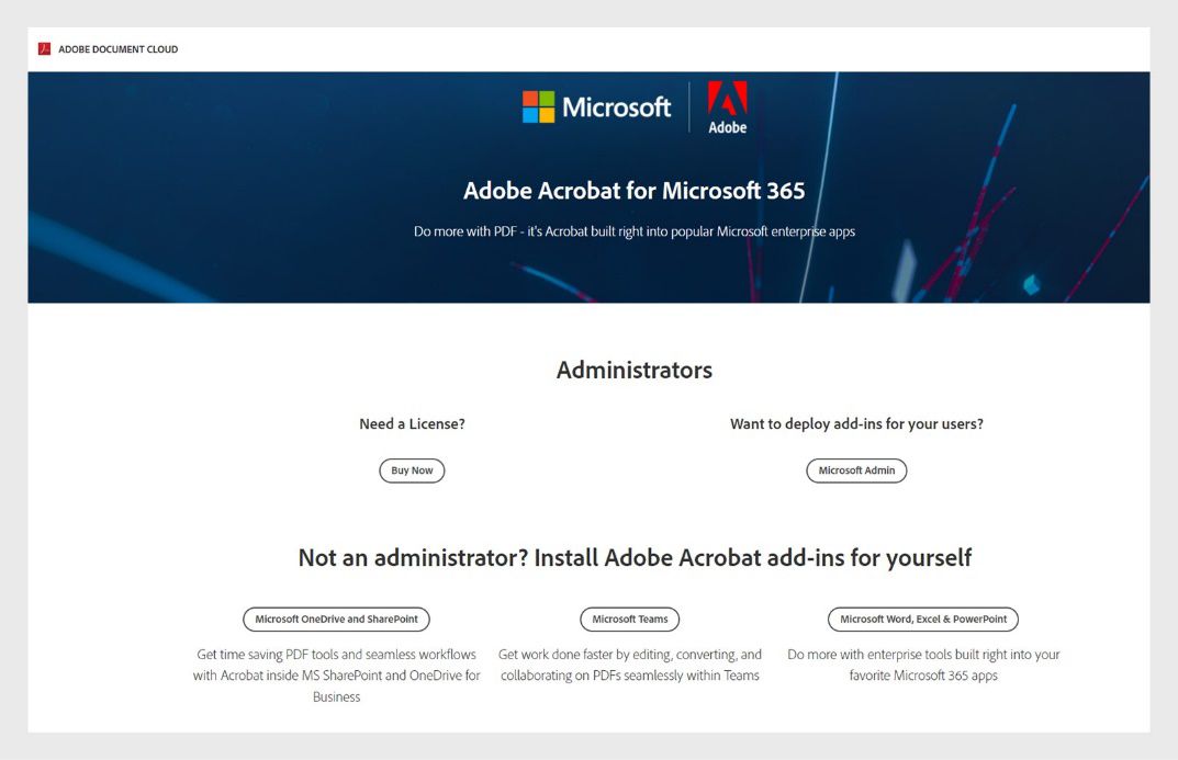На сторінці Adobe Document Cloud відображаються посилання для встановлення Acrobat для Microsoft 365 для адміністраторів та інших користувачів.