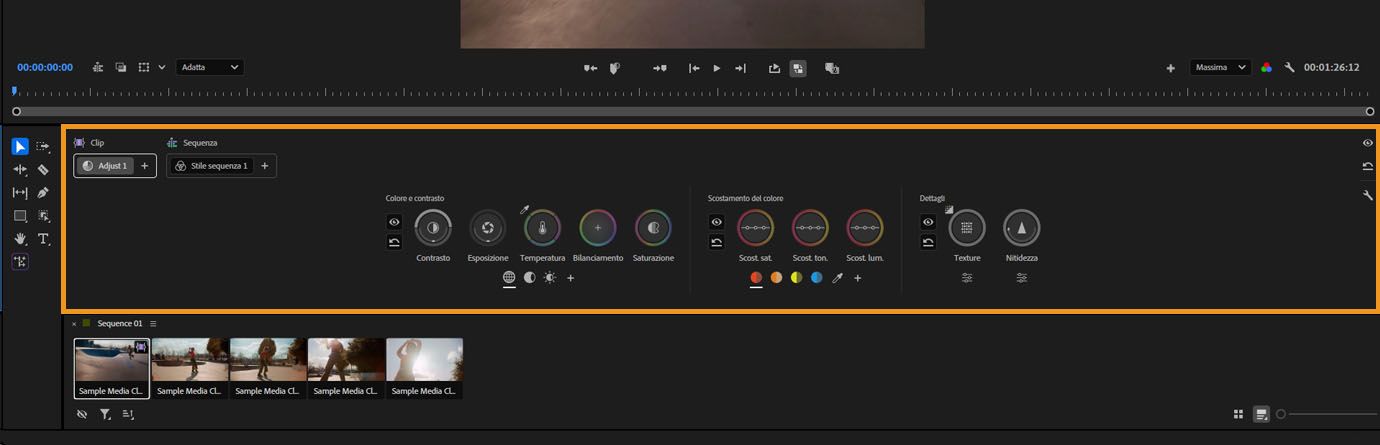 Pannello Strumenti colore con controlli di regolazione del colore sopra la Griglia clip in modalità Color.