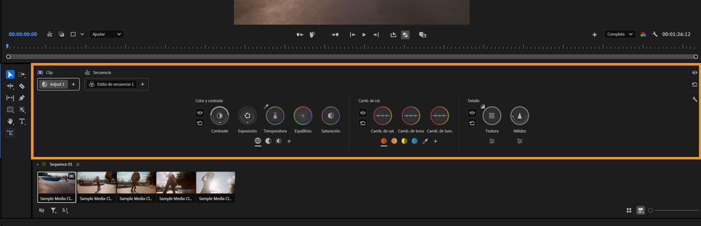 Panel de herramientas de color con controles de ajuste de color encima de la cuadrícula de clips en el modo Color.