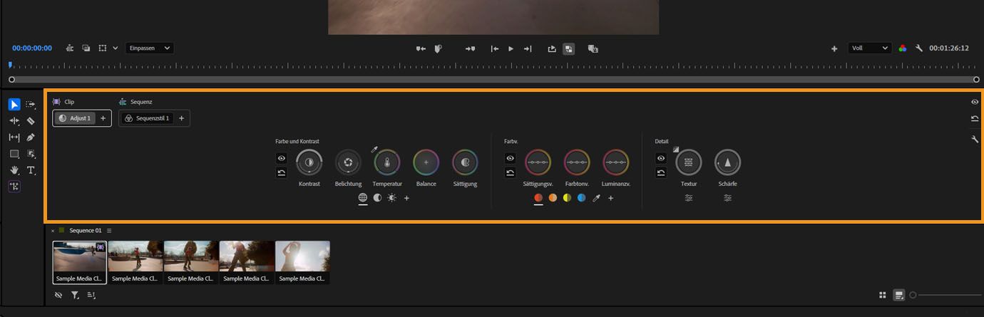 Farbwerkzeuge-Bedeinfeld mit Farbkorrektur-Steuerelementen über dem Clip-Raster im Farbmodus.