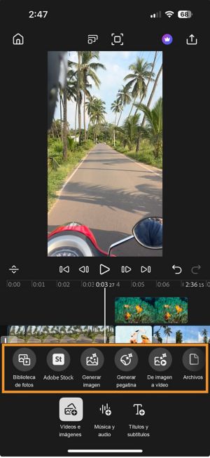 Modo de añadir abierto con opciones para importar medios.Se resaltan las opciones Biblioteca de fotos, Adobe Stock, Generar imagen, Generar adhesivos, Imagen a vídeo, Archivos y En blanco.