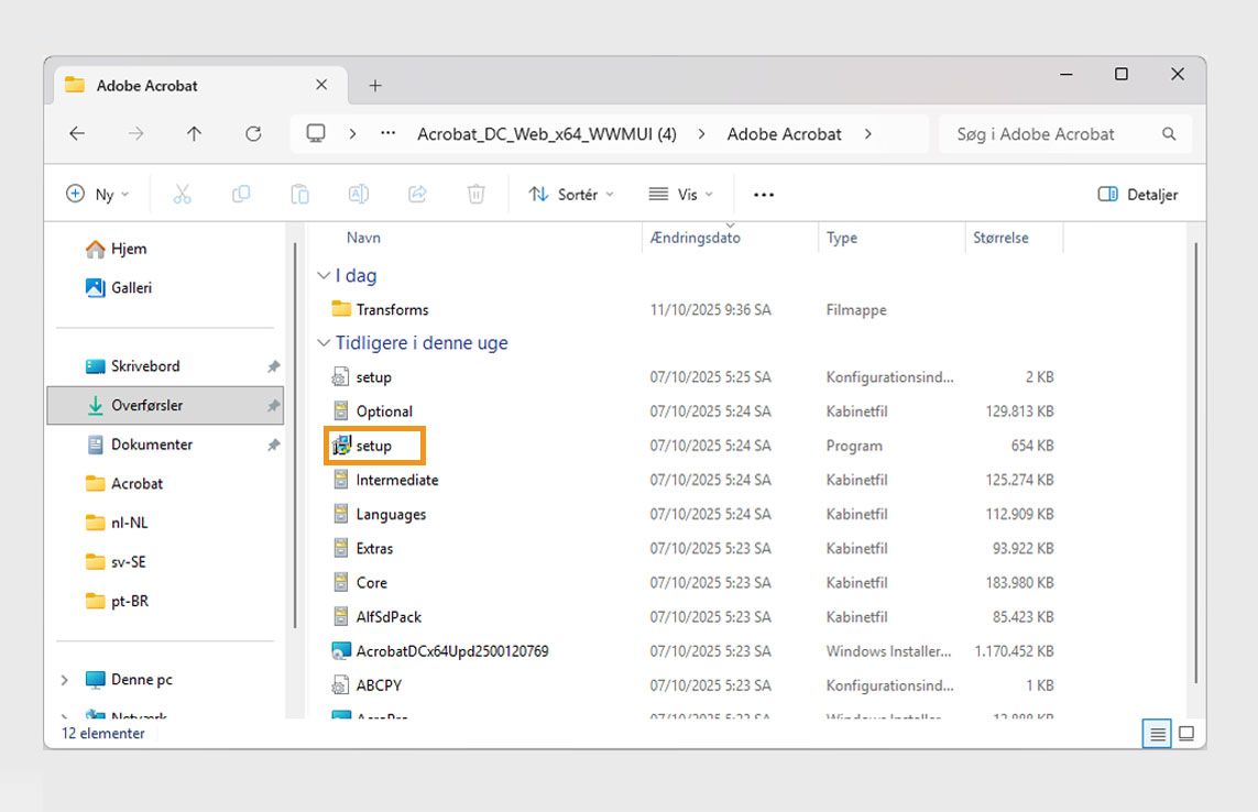 Adobe Acrobat-installationsfilens komponenter vises, og opsætningsfilen er fremhævet med orange., Billede