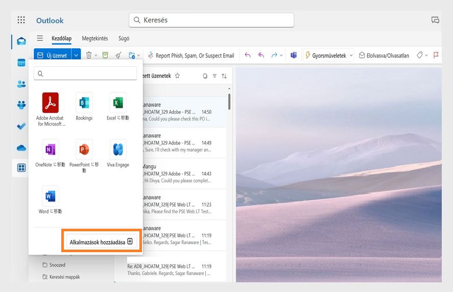 A Microsoft Outlook További alkalmazások párbeszédpanelén megjelennek a telepített bővítmények. Az „Alkalmazások hozzáadása” gomb ki van jelölve.