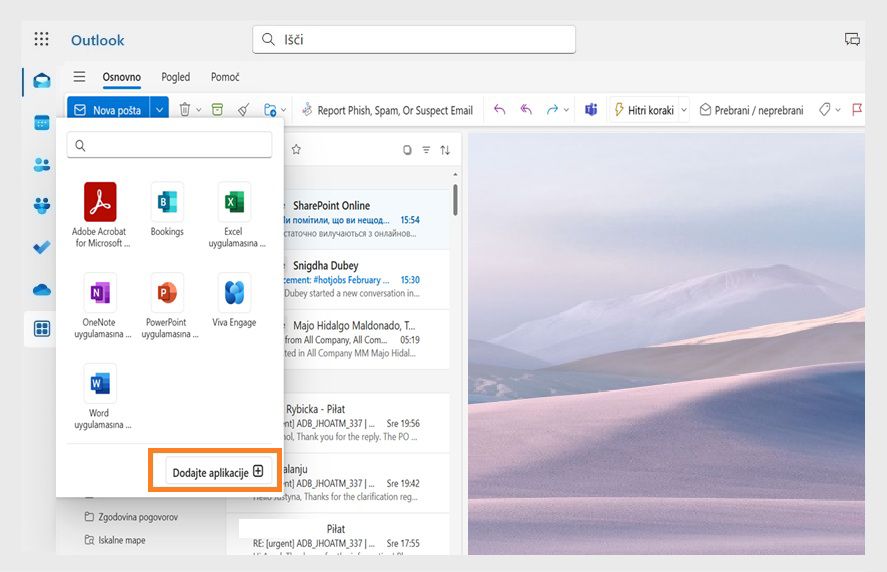 V pogovornem oknu »Več programov« v Microsoft Outlooku so prikazani nameščeni dodatki. Gumb »Dodaj programe« je označen.