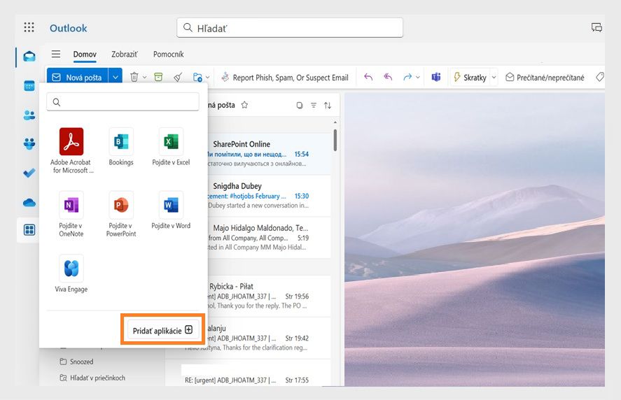 Dialógové okno Viac aplikácií v programe Microsoft Outlook zobrazuje nainštalované doplnky. Zvýraznené je tlačidlo „Pridať aplikácie“.