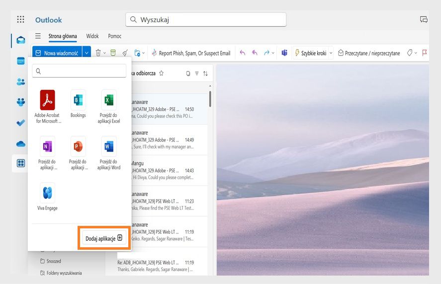 Okno dialogowe Więcej aplikacji w programie Microsoft Outlook wyświetla zainstalowane dodatki. Przycisk „Dodaj aplikacje” jest podświetlony.
