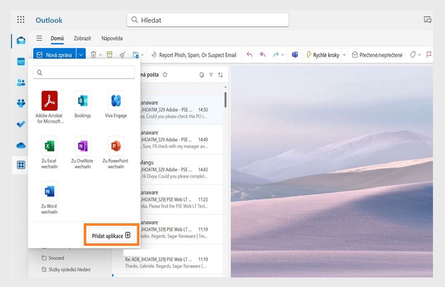 V dialogovém okně Další aplikace v aplikaci Microsoft Outlook se zobrazí nainstalované doplňky. Je zvýrazněno tlačítko „Přidat aplikace“.