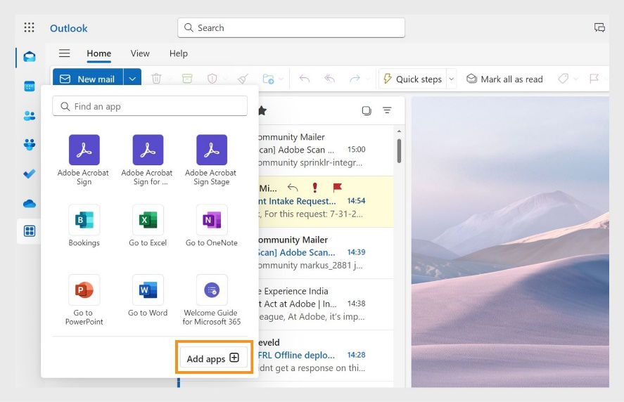 Nagpapakita ang More app dialog sa Microsoft Outlook ng mga naka-install na add-in. Naka-highlight ang 'Add apps' button.