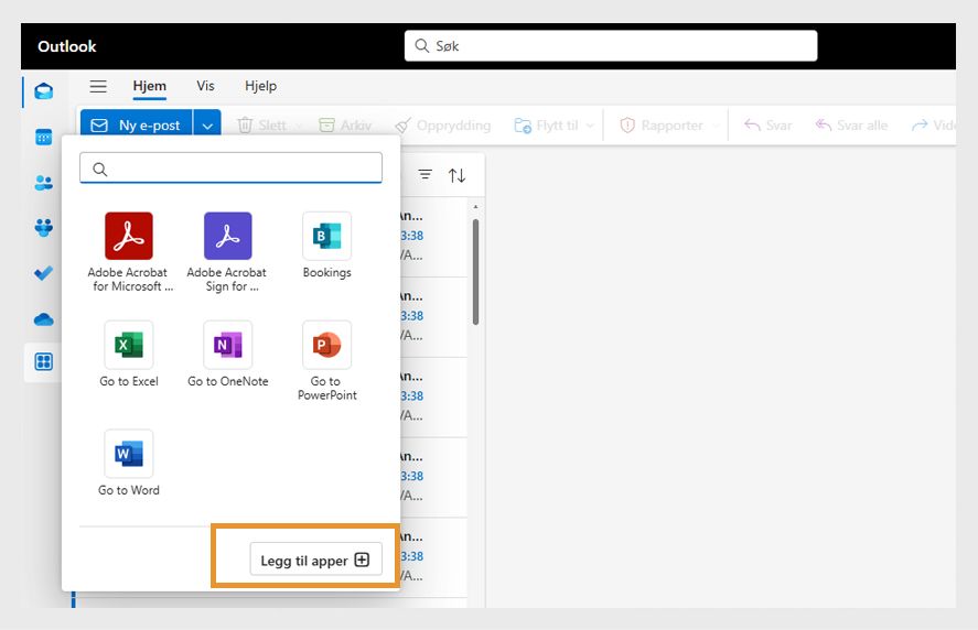 Dialogboksen Flere apper i Microsoft Outlook viser de installerte tilleggene. «Legg til apper»-knappen utheves.
