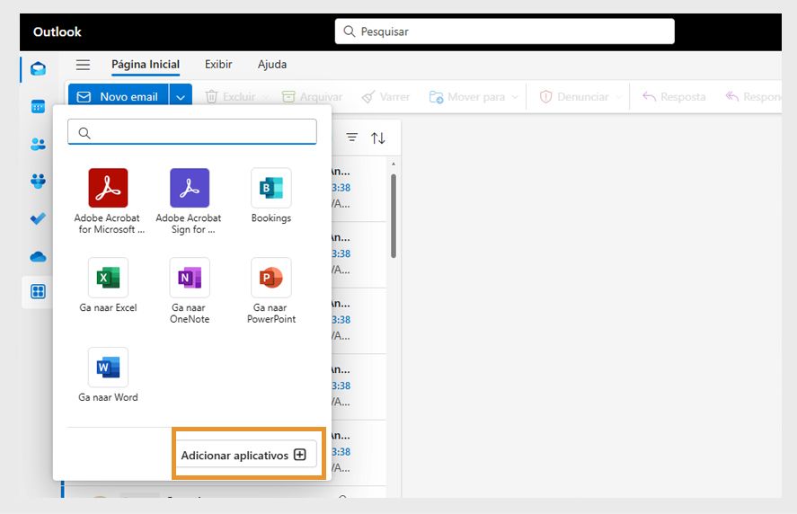 A caixa de diálogo “Mais” do aplicativo do Microsoft Outlook exibe os complementos instalados. O botão “Adicionar aplicativos” é realçado.