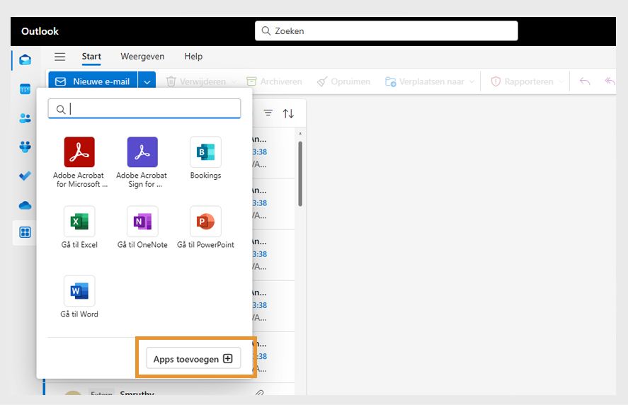 Het dialoogvenster Meer apps in Microsoft Outlook geeft de geïnstalleerde invoegtoepassingen weer. De knop Apps toevoegen is gemarkeerd.