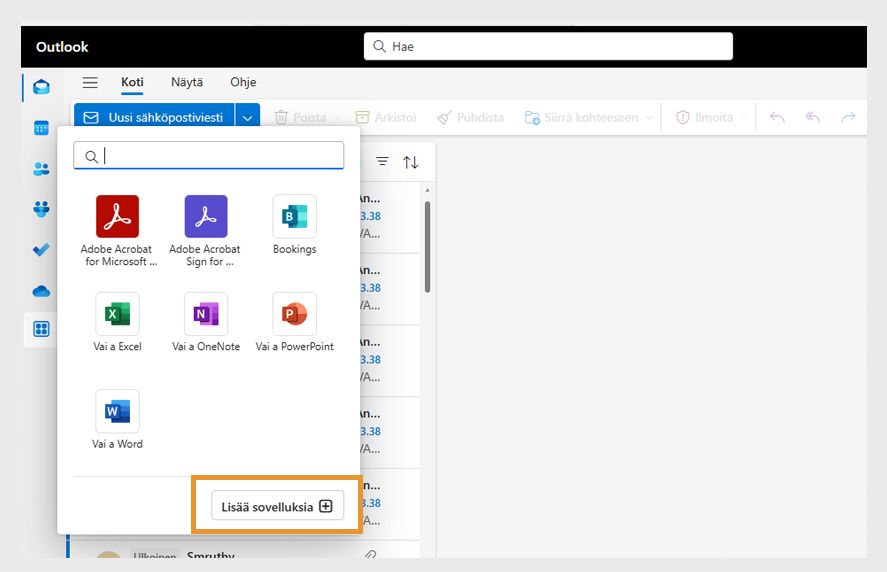 Microsoft Outlookin Lisää sovelluksia -valintaikkuna näyttää asennetut lisäosat. Lisää sovelluksia -painike korostettuna.
