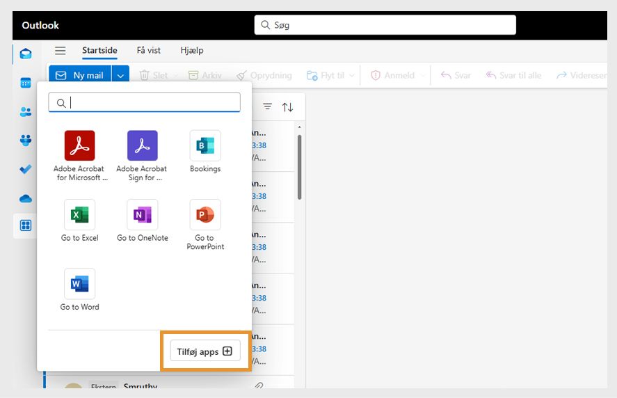 Dialogboksen Flere apps i Microsoft Outlook viser de installerede tilføjelsesprogrammer. Knappen &quot;Tilføj apps&quot; er fremhævet.