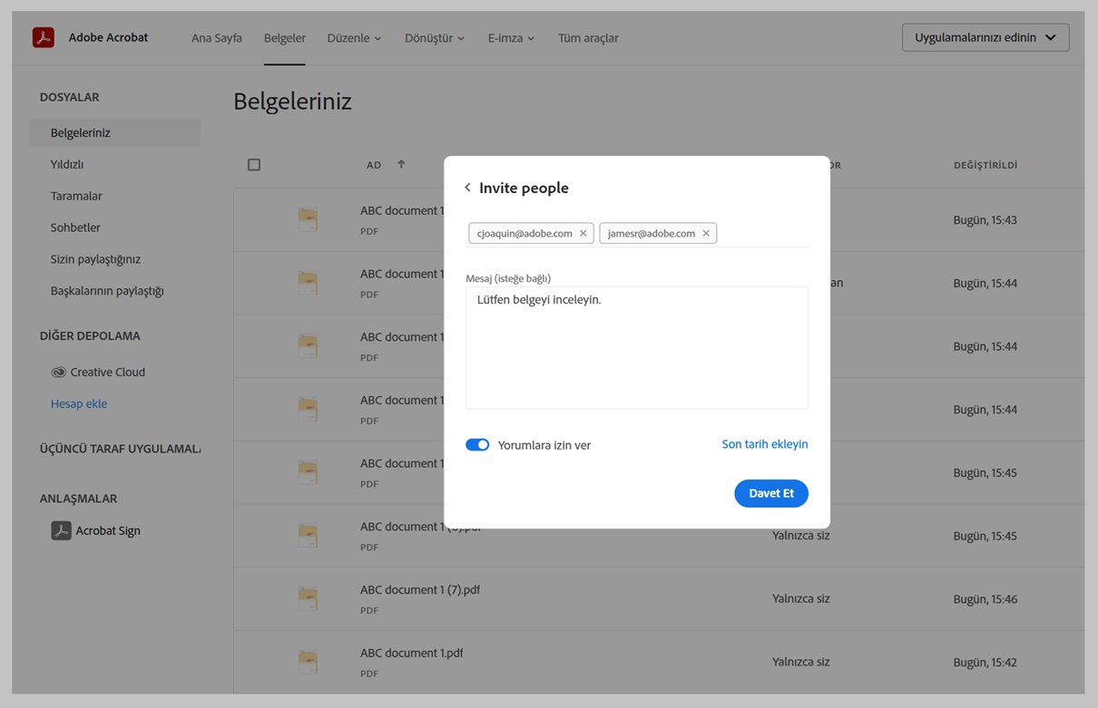 Üyeleri davet et iletişim kutusunda davet edilen üyelerin e-postaları, Mesaj alanı, Yorumlara izin ver seçeneği ve Davet et düğmesi gösterilir.