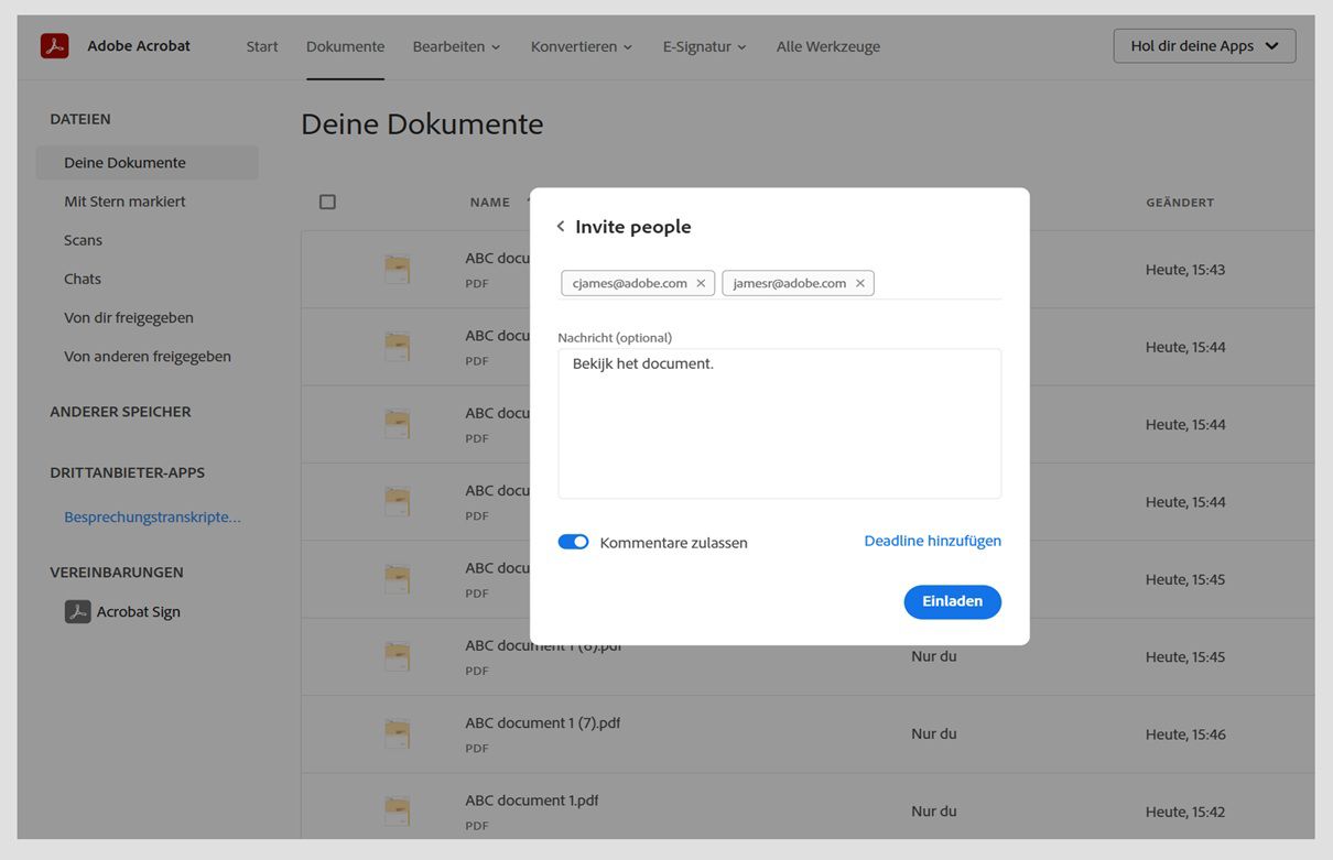 Das Dialogfeld „Mitglieder einladen“ zeigt die E-Mail-Adressen der eingeladenen Mitglieder, das Nachrichtenfeld, den Umschalter „Kommentare zulassen“ und die Schaltfläche „Einladen“ an.