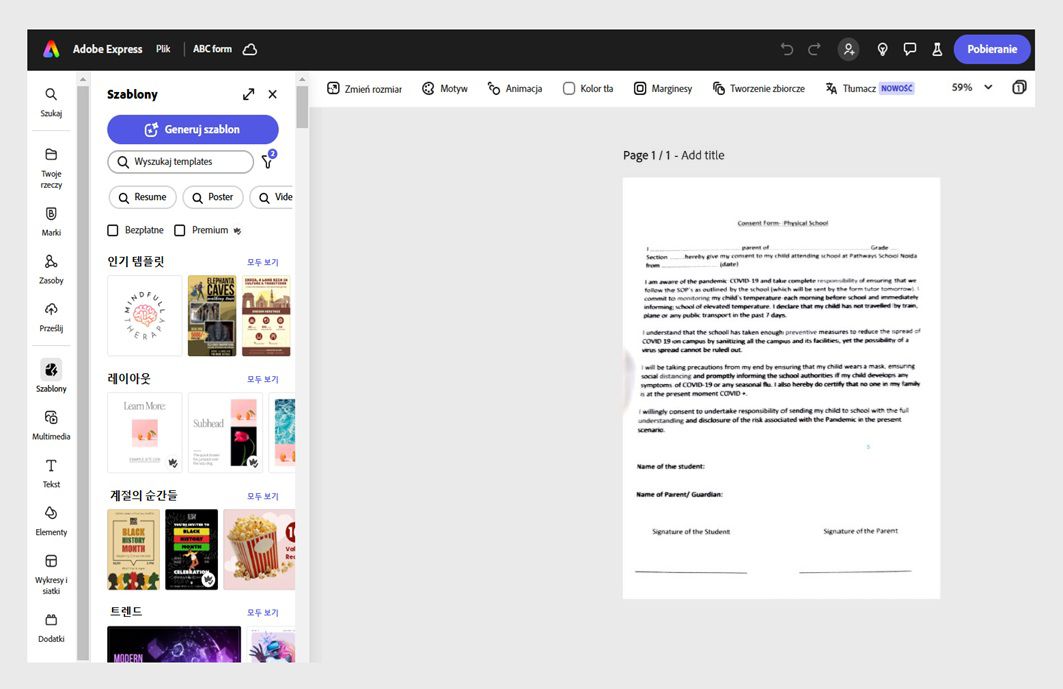 Aplikacja Adobe Express pokazuje otwartą umowę i różne szablony w lewym panelu.