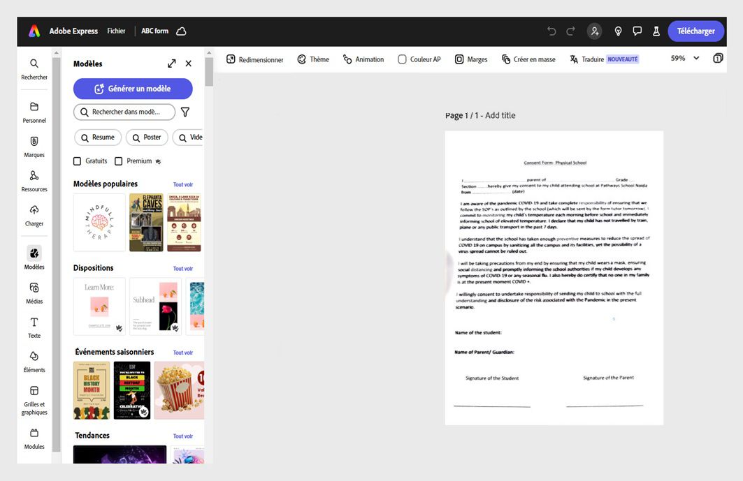L’application Adobe Express affiche un accord ouvert et divers modèles dans le volet gauche.