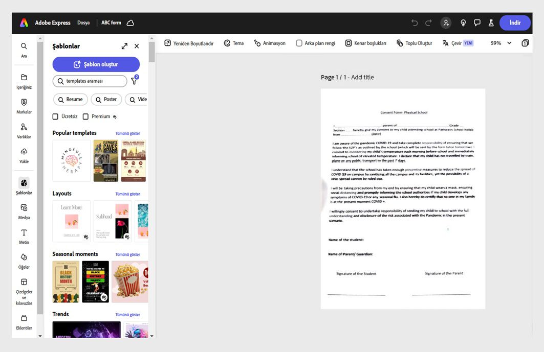 Adobe Express uygulaması, sol bölmede açık bir sözleşmeyi ve çeşitli şablonları gösteriyor.
