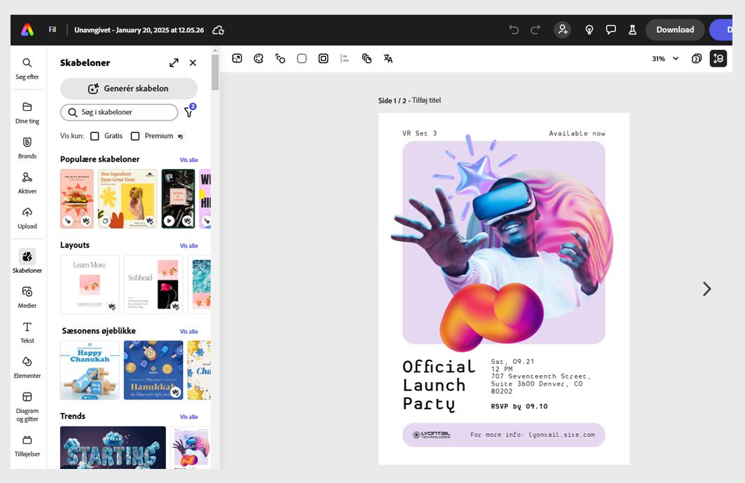 Adobe Express-programmet viser en åben aftale og en række skabeloner i venstre rude.