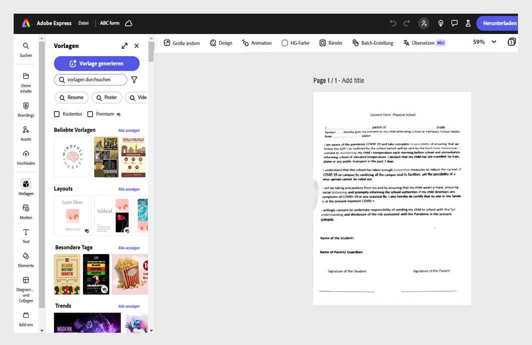 Adobe Express zeigt eine offene Vereinbarung und eine Vielzahl von Vorlagen im linken Fensterbereich an.
