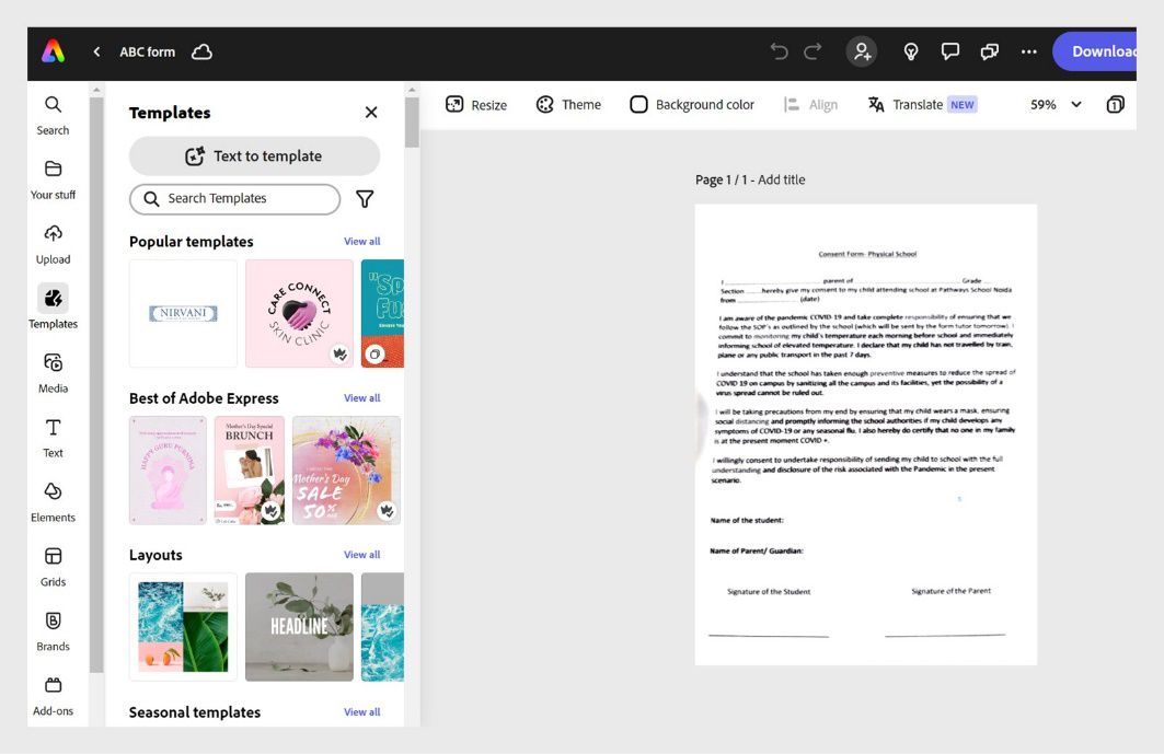 Програма Adobe Express відобразить відкриту угоду та різноманітні шаблони на панелі ліворуч.