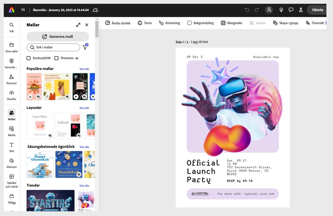 Adobe Express-programmet visar ett öppet avtal och en mängd olika mallar i den vänstra rutan.