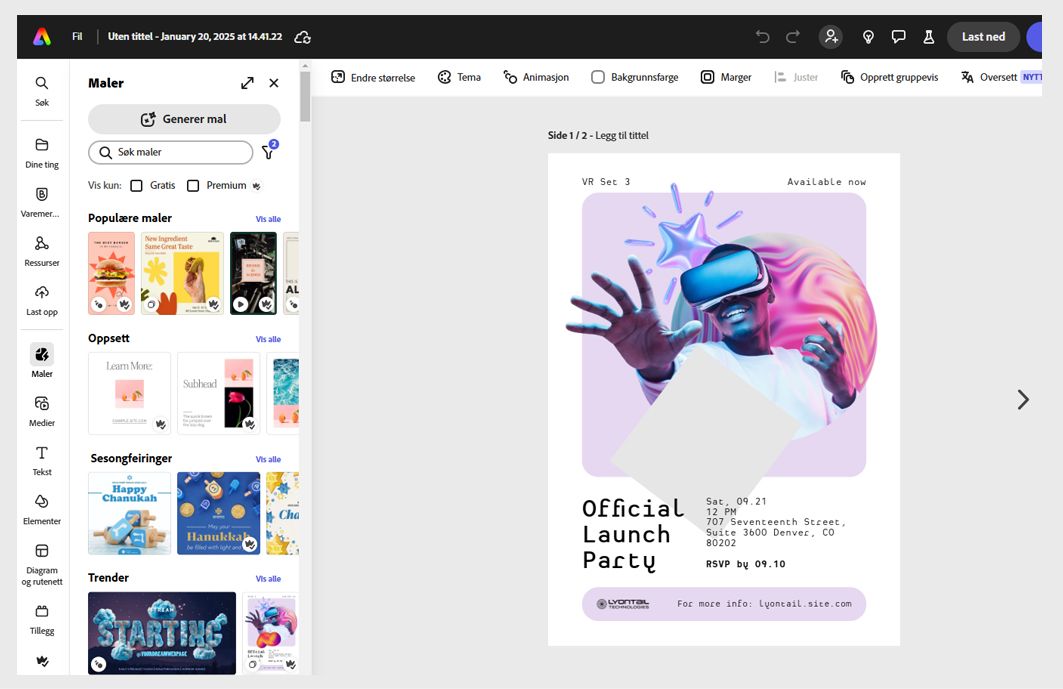 Adobe Express-applikasjonen viser en åpen avtale og en mengde maler i ruten til venstre.