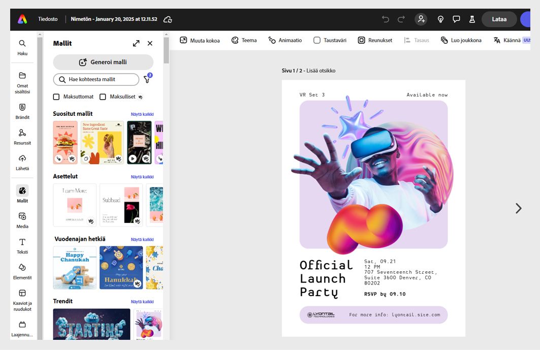 Adobe Express -sovelluksen vasemmassa ruudussa näkyy avoin sopimus ja erilaisia malleja.