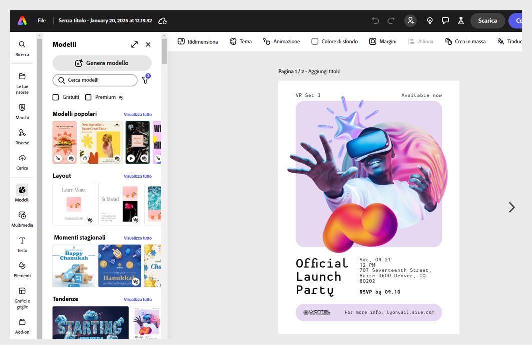 Applicazione Adobe Express, con un accordo aperto e diversi modelli nel riquadro a sinistra.