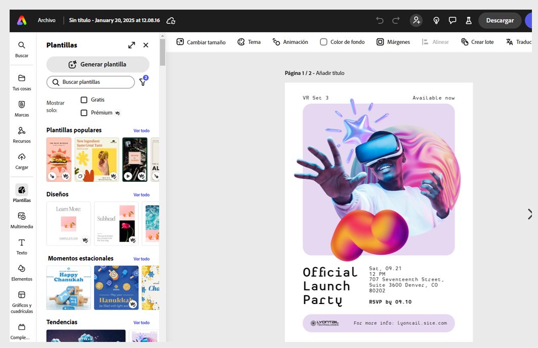 La aplicación Adobe Express muestra un acuerdo abierto y varias plantillas en el panel izquierdo.