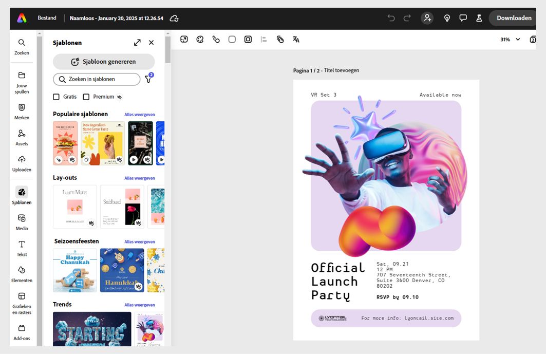 De Adobe Express-toepassing toont een geopende overeenkomst en verschillende sjablonen in het linkerdeelvenster.