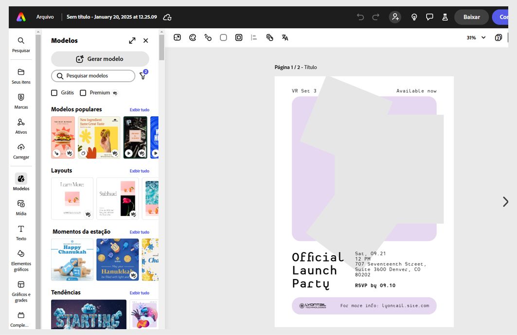 O aplicativo Adobe Express mostra um contrato aberto e uma variedade de modelos no painel esquerdo.