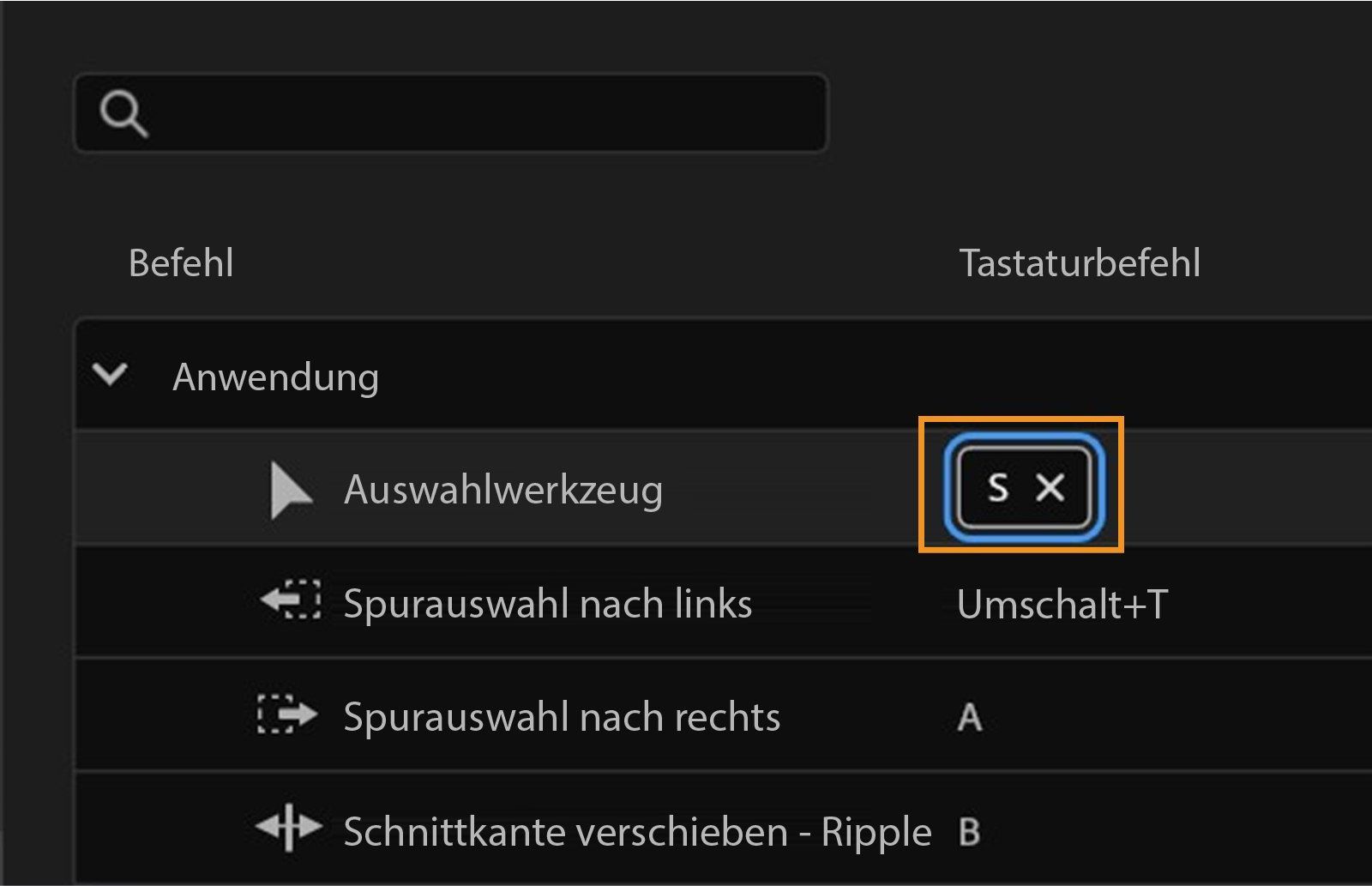 Das Bedienfeld zeigt Optionen zur Anpassung von Tastaturbefehlen an, wie beispielsweise das Zuweisen von „S“ zum Auswahlwerkzeug oder das Entfernen eines Tastaturbefehls durch Drücken von „X“.