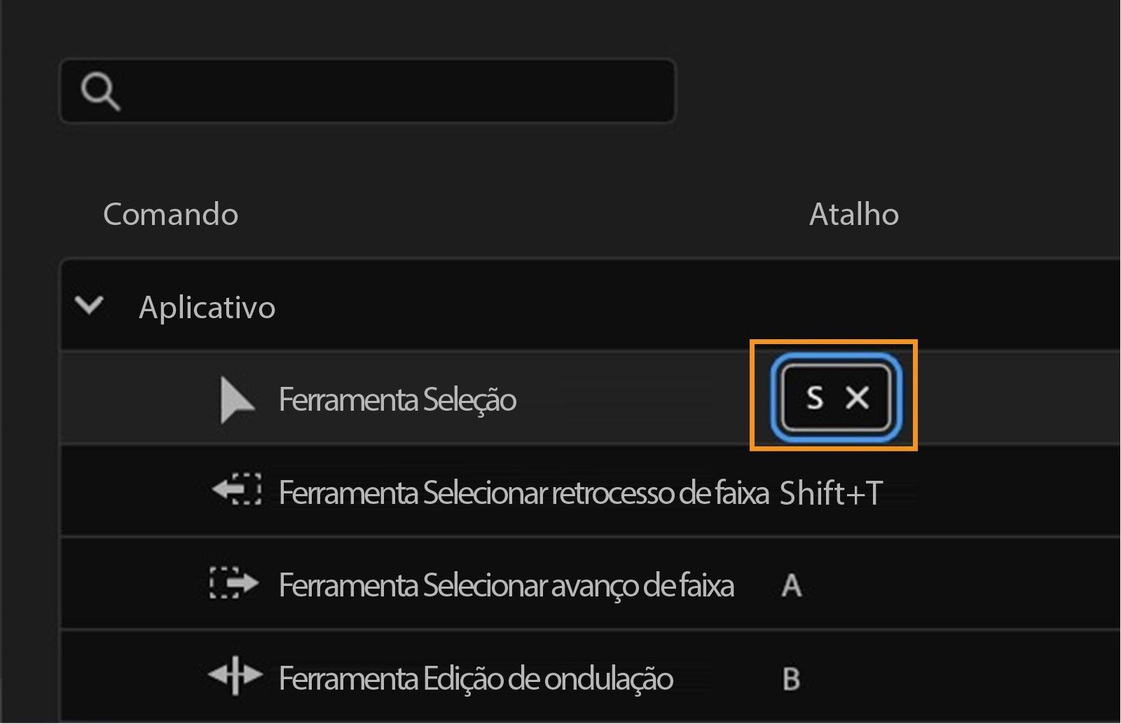 O painel exibe opções para personalizar atalhos, como atribuir S à Ferramenta de seleção ou remover um atalho pressionando X.