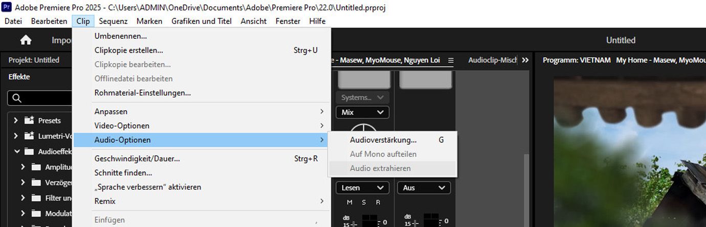 Clip-Menü in Premiere Pro mit erweiterten Audio-Optionen und hervorgehobener Option „Audio extrahieren“, mit der Benutzende Audio von einem ausgewählten Video-Clip zu trennen., Bild