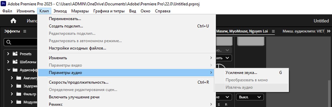 Меню «Клип» в Premiere Pro с развернутыми параметрами аудио и выделенным пунктом «Извлечь аудио», позволяющим пользователям отделять аудио от выбранного видеоклипа, Изображение